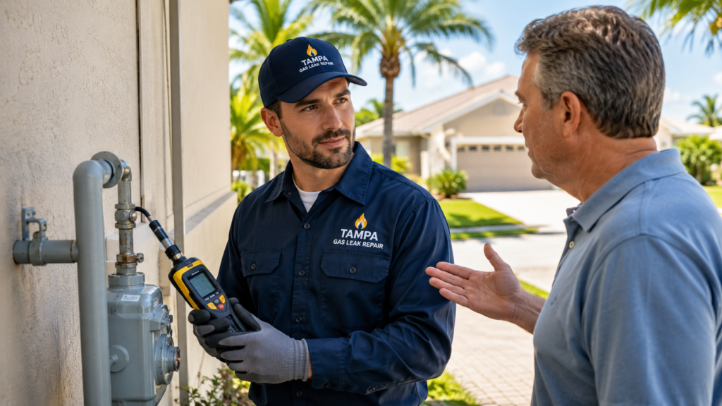 Professional gas leak repair technician wearing a branded uniform and safety gloves uses a digital gas leak detector to inspect a residential gas meter while discussing the inspection with a homeowner outside a suburban Tampa, Florida home with palm trees.